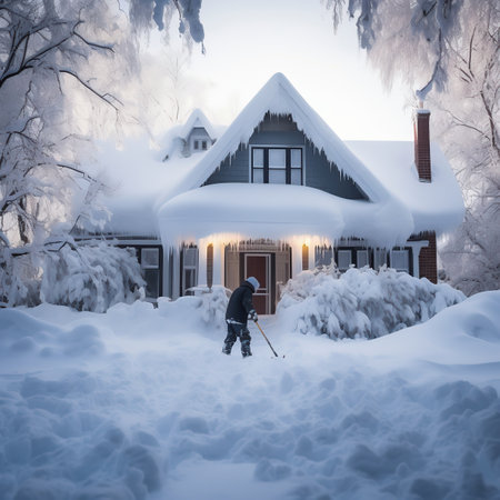 Man cleaning snow in front of house with shovel. Winter landscape.の素材