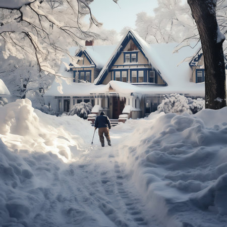 Man walking on the snow-covered path in the winter village.の素材