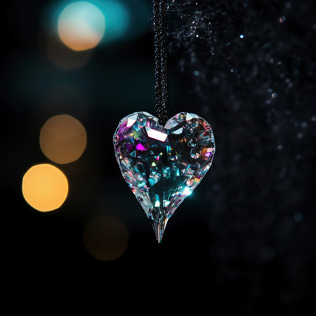 Heart shaped diamond necklace on black background with bokeh effect.の素材