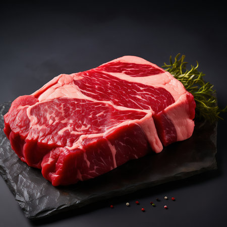 Raw beef steak on black slate plate. Black background. Top view.の素材