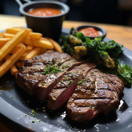 Grilled beef steak with french fries and sauce on wooden table.の素材