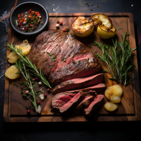 Roast beef with rosemary, apples and spices on a wooden boardの素材