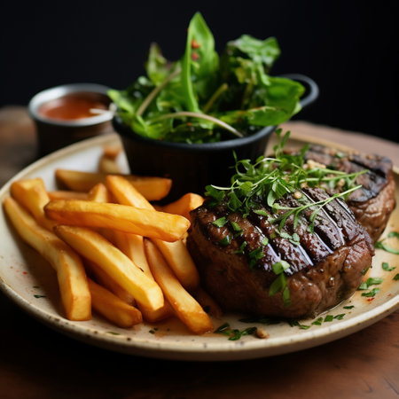 Grilled steak with French fries and arugula on a plateの素材
