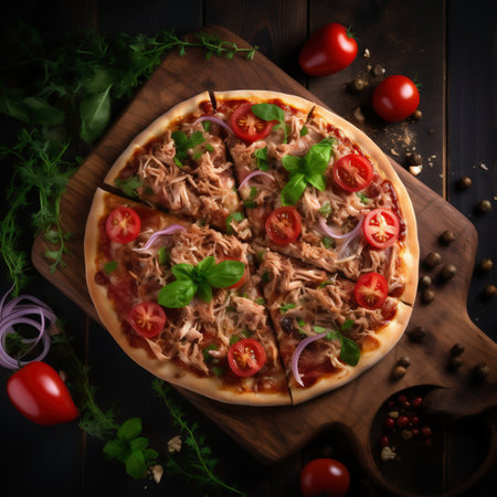 Pizza with tuna, tomatoes and onions on a dark wooden backgroundの素材