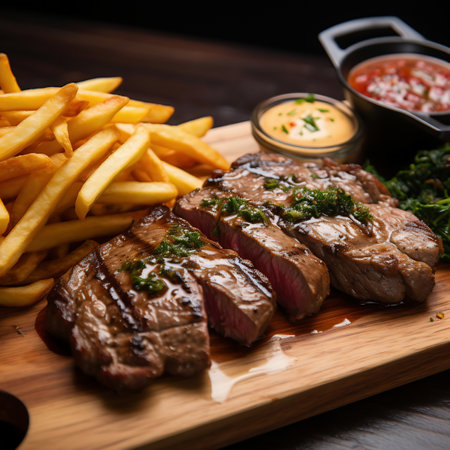 Grilled beef steak with french fries and sauce on a wooden boardの素材