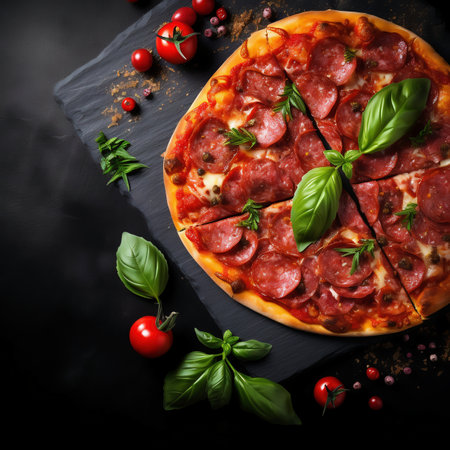 Pizza with salami, mozzarella and basil on black backgroundの素材