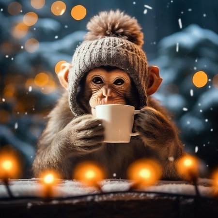 Cute monkey with a cup of hot tea in the winter forestの素材