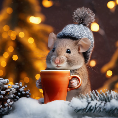 Cute little rat with cup of hot drink on Christmas backgroundの素材
