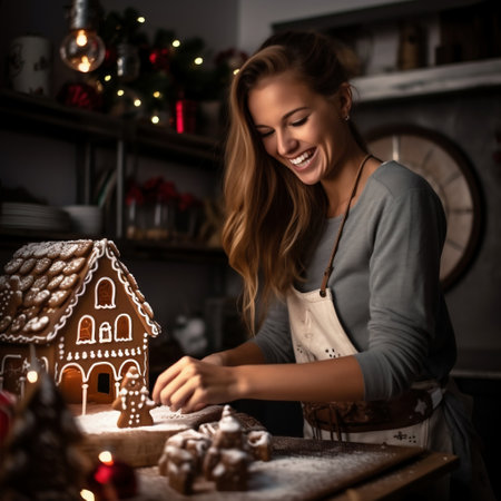 Beautiful young woman decorating gingerbread house in kitchen at homeの素材