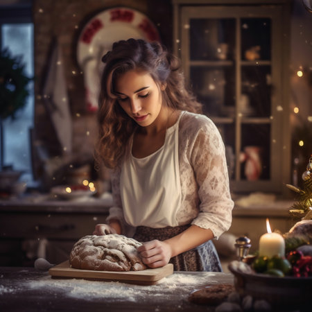 Beautiful young woman cooking bread in the kitchen at Christmas timeの素材
