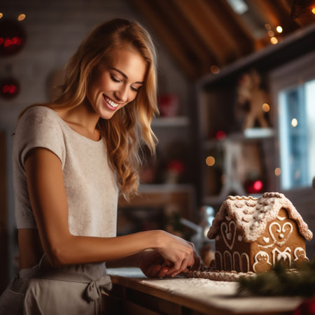 Beautiful young woman decorating gingerbread house in the kitchen.の素材