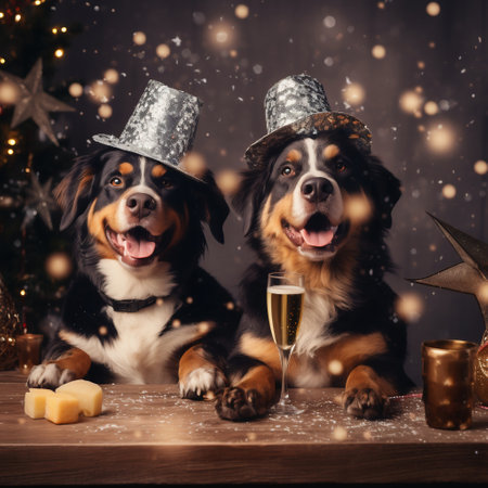 Three Australian Shepherd dogs with champagne and Christmas decoration on backgroundの素材