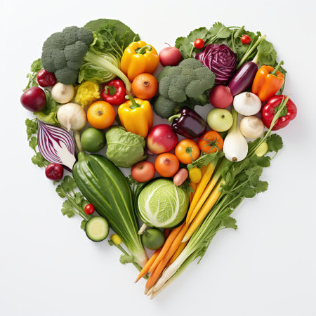 Heart made of fresh vegetables on white background. Healthy eating concept.の素材
