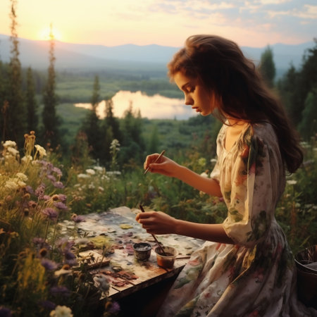 Beautiful young woman painting on the table in the mountains at sunsetの素材