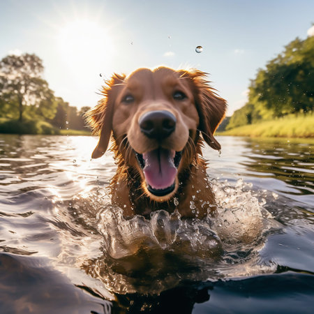 Golden Retriever swimming in the lake on a sunny summer dayの素材