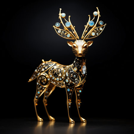 Golden reindeer with gems on a black background. Christmas decorations.の素材