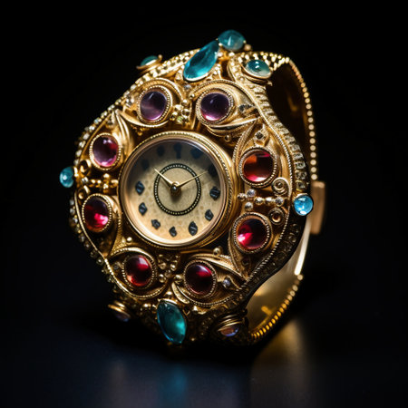 Jewelry watch with precious stones on a black background close-upの素材