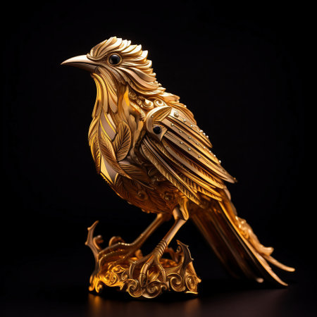 Golden statuette of bird isolated on black background, closeupの素材