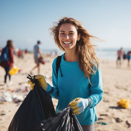 Smiling young woman cleaning beach with garbage bag and looking at cameraの素材