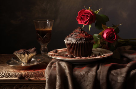 Chocolate muffin with red roses on a dark background. Selective focus.の素材