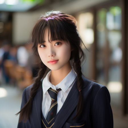 Portrait of thai high school student uniform beautiful girl relax and smileの素材
