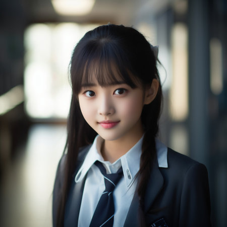Portrait of thai high school student uniform teen beautiful girl happy and relaxの素材