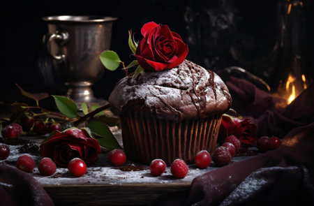 Chocolate muffin with red rose on wooden table. Selective focusの素材