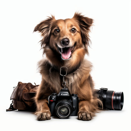 Photographer dog with camera and bag isolated on a white background.の素材