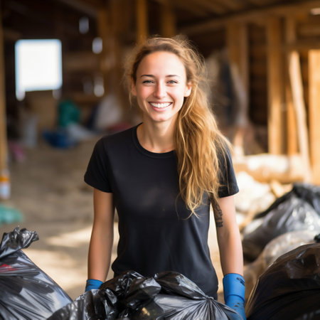 Portrait of smiling young woman volunteer with garbage bags at the recycling centerの素材
