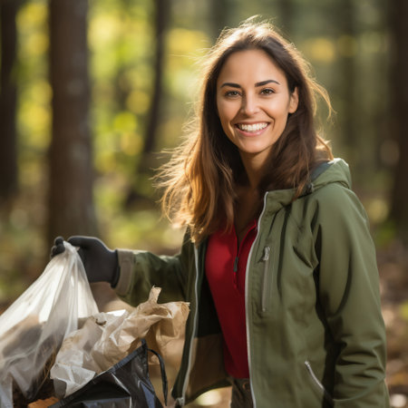 Portrait of a beautiful young woman picking up garbage in the forestの素材