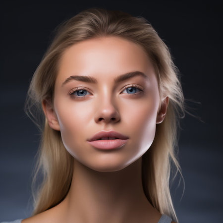Portrait of a beautiful young woman with blonde hair. Studio shot.の素材