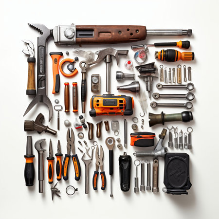 Variety of tools on white background. Top view. Flat lay.の素材