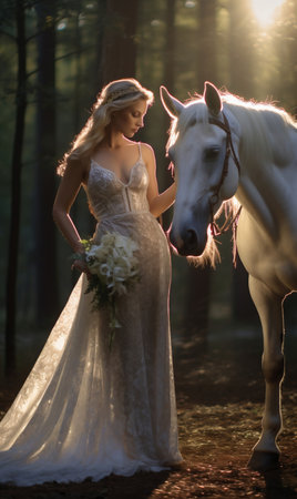 Beautiful bride with a white horse in the forest at sunset.の素材