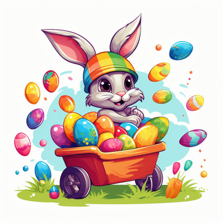 Easter bunny with colorful eggs in wheelbarrow. Vector illustration.の素材