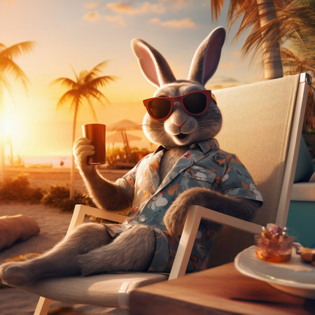 Easter bunny in sunglasses with a cup of coffee on the beach.の素材