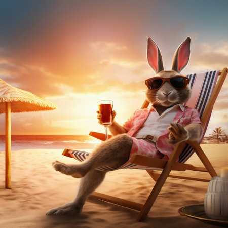 Easter bunny with glass of wine sitting on the beach.の素材