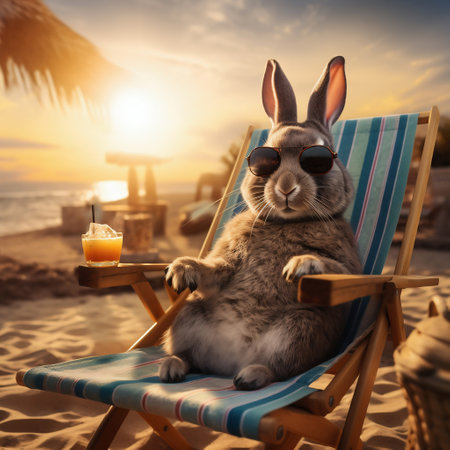 Cute rabbit in sunglasses sitting on the beach at sunsetの素材