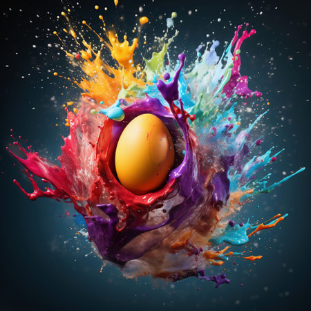 Easter egg with colorful splashes on black background. 3d renderingの素材
