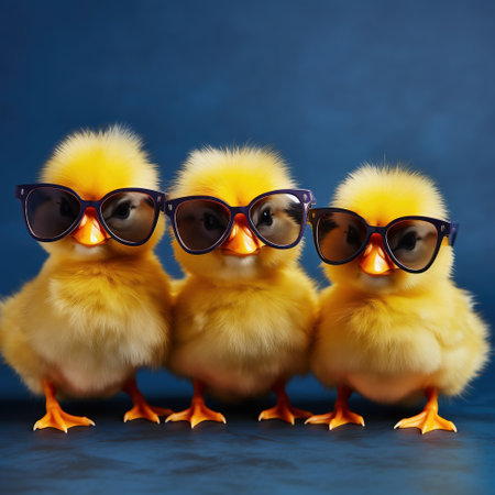 Cute little yellow chickens with sunglasses on dark blue background. Easter concept.の素材