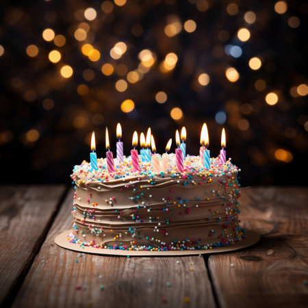 Birthday cake with burning candles on bokeh background, closeupの素材