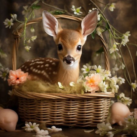 Cute little fawn in a wicker basket with eggs and flowersの素材