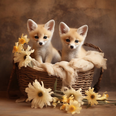 Two cute foxes in a wicker basket with daffodilsの素材