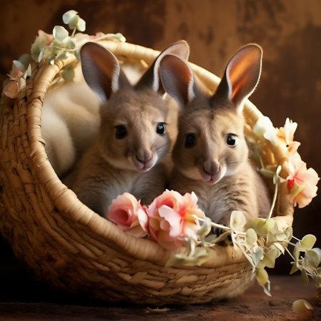 Cute baby kangaroos in a wicker basket with flowersの素材