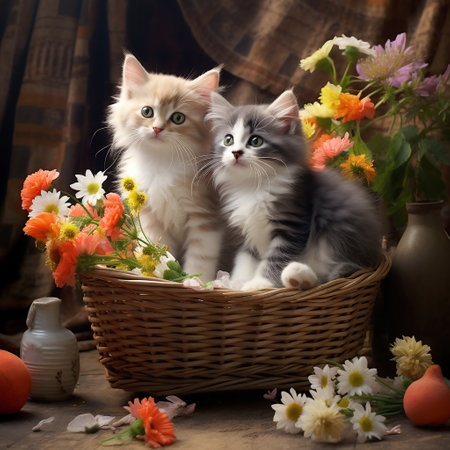 Two kittens in a basket with flowers on a wooden background. Vintage style.の素材
