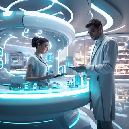 Scientist looking at tablet in futuristic laboratory. Research concept. 3D renderingの素材