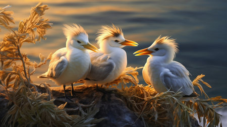 Beautiful seagulls on the background of the sunset.の素材