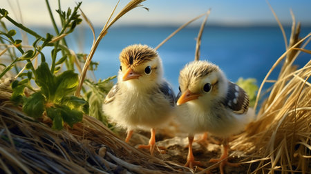 Little chicks in the grass on the background of the sea and the skyの素材