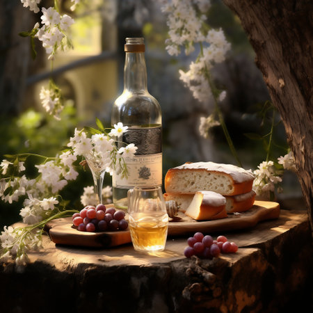 Still life with wine, bread, grapes and flowers on a wooden backgroundの素材