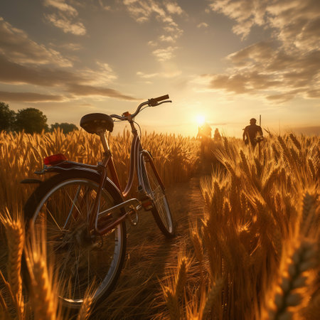 Bicycle in wheat field at sunset. 3d render image.の素材
