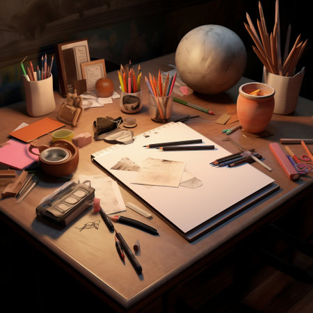 Artistic workspace with pencils, paints, brushes and paper on wooden tableの素材